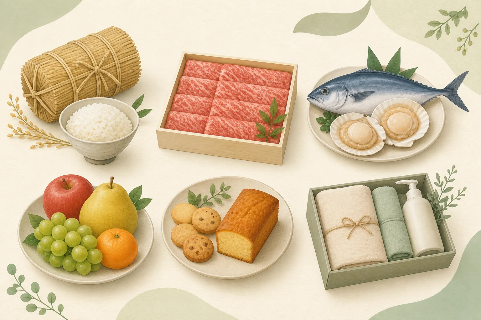 米、肉、魚介、果物、焼き菓子、日用品など、地域の返礼品を並べたイラスト